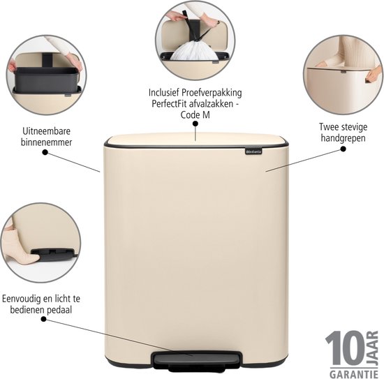 Poubelle crème avec seau intérieur amovible, poignées, pédale et sacs poubelles gratuits.