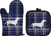Teckel - Hond - Ovenwant - Ovenhandschoen - Pannenlap - Onderzetter - Set ovenwant en pannenlap - blauw - wit - geruit