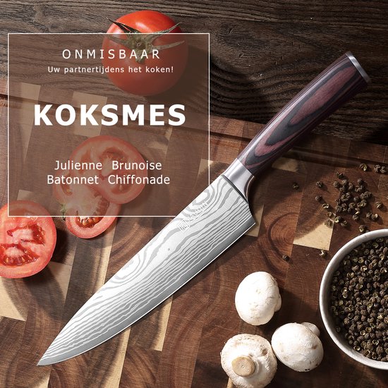 PAUDIN N1 Koksmes - Vlijmscherp Keukenmes - 20 cm Lemmet - Professioneel Japans Mes - Vleesmes - Damascus Patroon - Inclusief Knifeguard - Geschikt voor Groenten, Vlees, Fruit & Vis