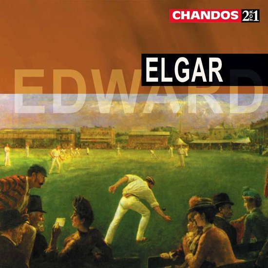 Een schilderij van een cricketwedstrijd met toeschouwers op de voorgrond. De tekst "EDWARD ELGAR" staat in grote letters.