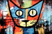 JJ-Art (Aluminium) 90x60 | Kat, poes in Herman Brood stijl, abstract, kleurrijk, felle kleuren, kunst | dier, blauw, rood, geel, groen, modern | foto-schilderij op dibond, metaal wanddecoratie