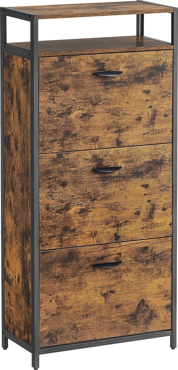 FurnStar - Schoenenkast - Hoge schoenenkast met 3 draaideuren - Open plank - Binnenverdeler - Gang - Voor 12-18 paar schoenen - Ruimtebesparend - 60 x 30 x 130 cm - Rustiek bruin en Zwart