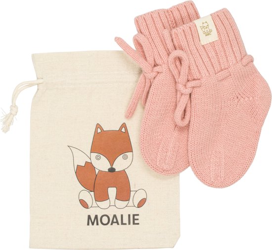 Moalie ®- Baby - Pasgeboren - jongen - meisje - Babyslofjes - babysokken - Merino wol - Dusty Pink-Roze - wollen sokken - linnen opbergzakje -kraamcadeau