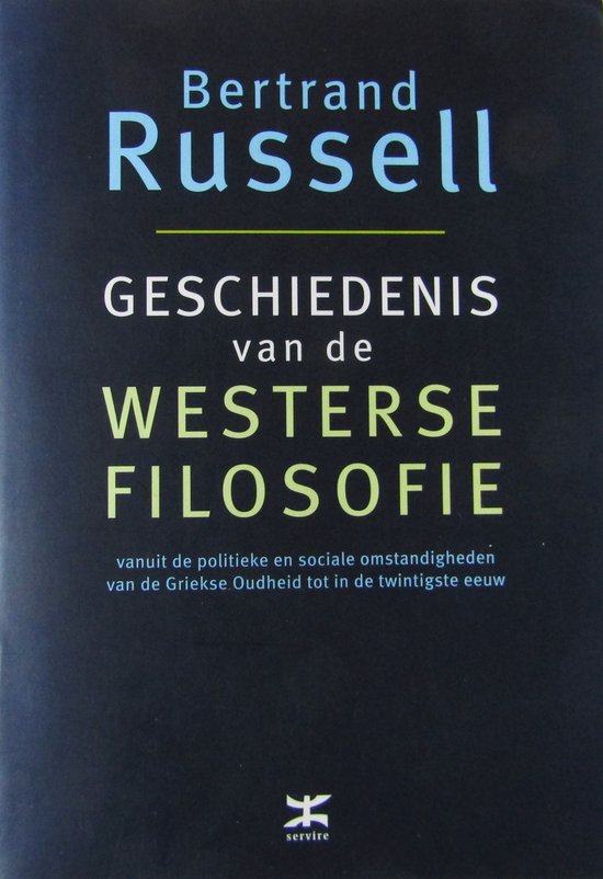 Boekhoes 'Geschiedenis van de Westerse Filosofie' van Bertrand Russell, met titel en ondertitel.
