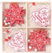 Houten Kersthangers - Kerstboom Versiering - Kerst Ornamenten - 12 stuks - Rood-Wit