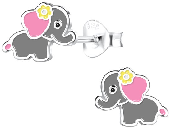 Joy|S - Zilveren olifant oorbellen - baby olifantje met roze oren en geel bloemetje - kinderoorbellen