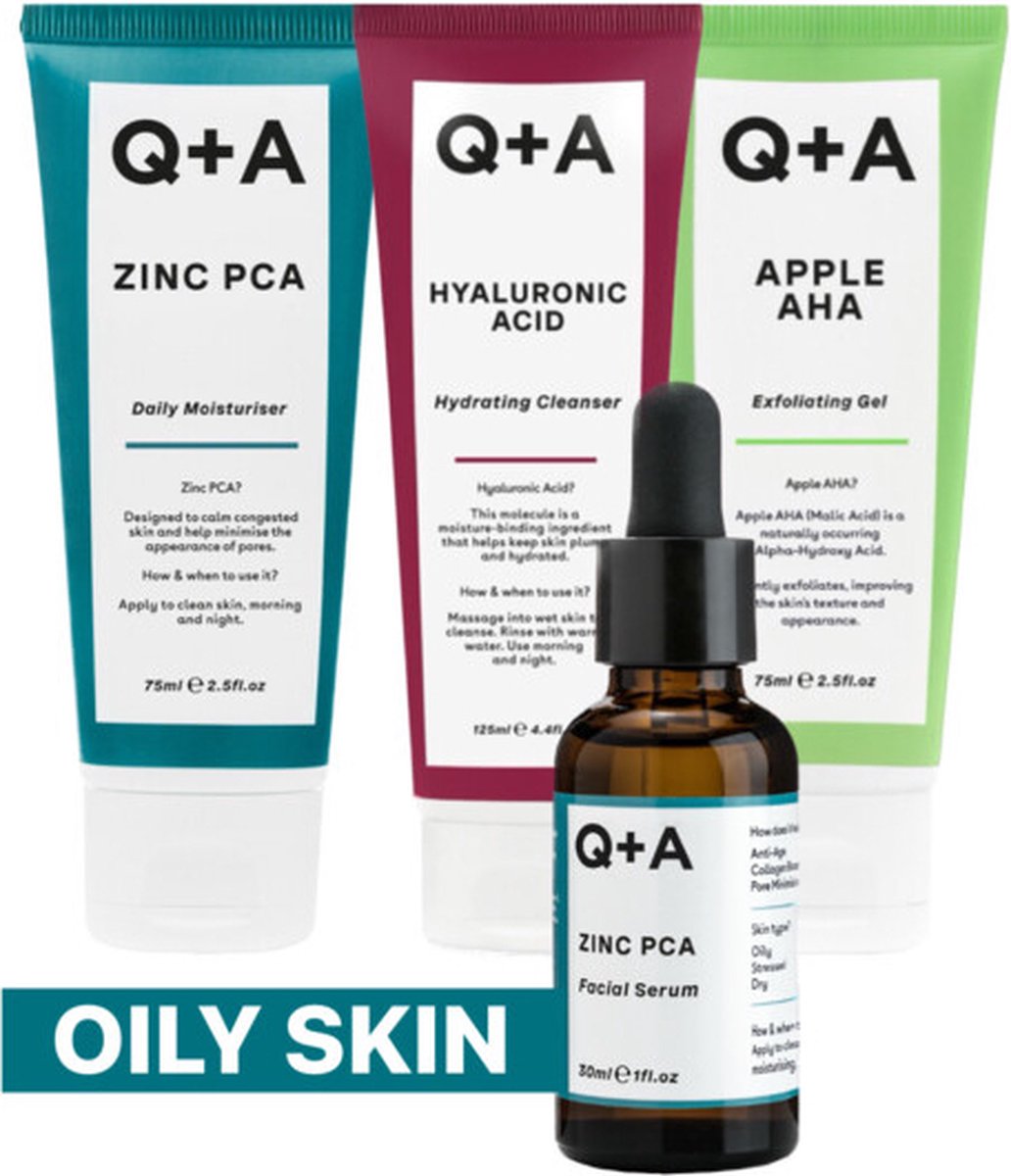 Goedkoopste Q A Oily Skin - Reinigingsgel 1x 125 ml & Exfoliant 1x 75 ml & Gezichtsserum 1x 30 ml & Moisturiser 1x 75 ml - Pakket
