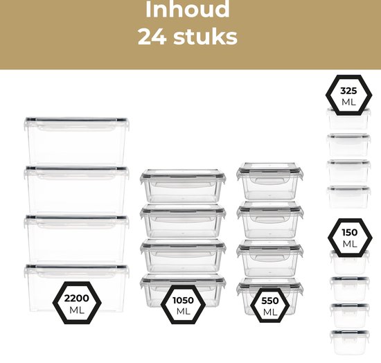 Stosh vershoudbakjes set van 24 stuks, met verschillende maten zoals 2200 ML, 1050 ML, 550 ML, 325 ML en 150 ML.