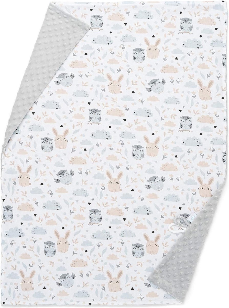 Babydeken, knuffeldeken, kinderwagendeken, kruipdeken van superzachte Minky-stof en katoen voor zomer en lente, ideaal als cadeau (grijs, uil en konijn)