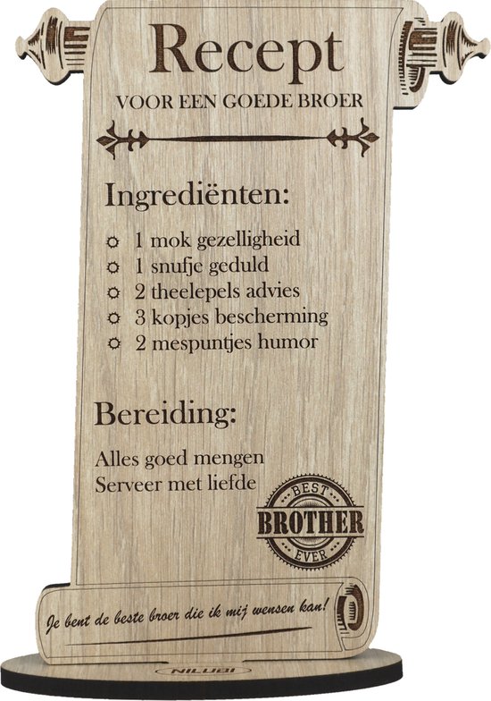 Recept broer - houten wenskaart - kaart van hout om je broer te bedanken - bro - 17.5 x 25 cm