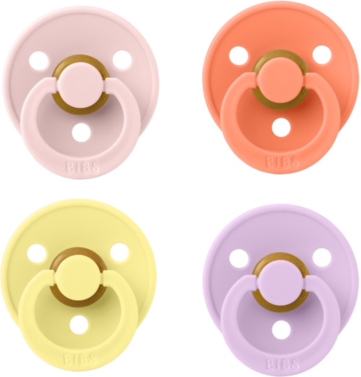 Goedkoopste Bibs fopspeen 0-6 maand Set 4 stuks Sunshine,Papaya,Blossom en Violet Sky Maat 1