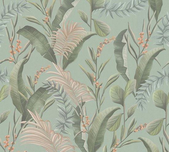 PAPIER PEINT FEUILLES ET FLEURS | Style jungle - Blauw Vert Beige Rose - Murs Living dessinés dans la Nature