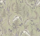 BLOEMETJES EN BLAADJES BEHANG | Planten - Grijs Crème Lila Violet - Living Walls Drawn Into Nature