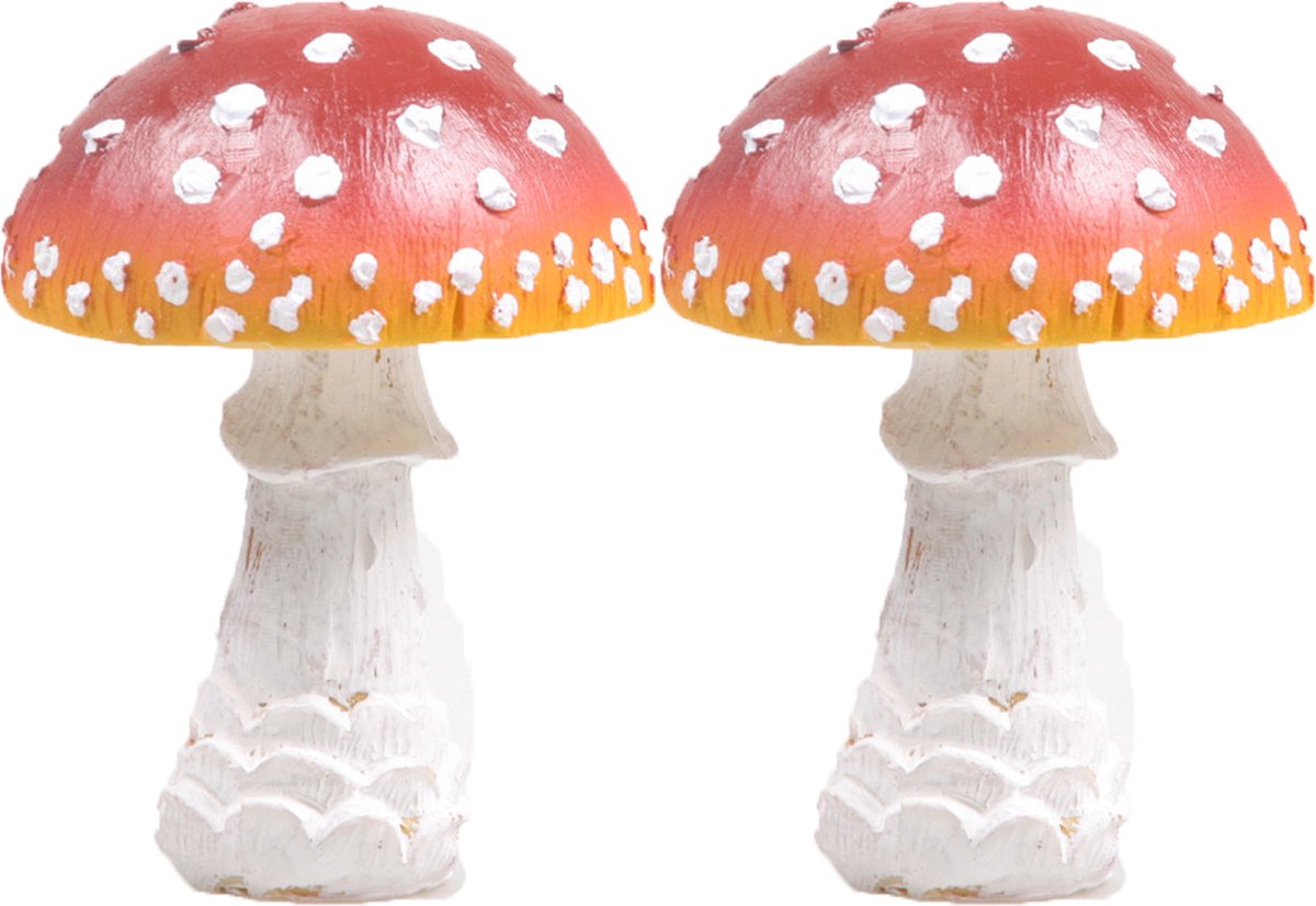 Deco huis/tuin beeldje paddenstoel - 2x - vliegenzwam - rood/wit - 8 x