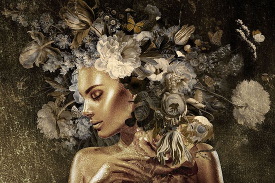 Glasschilderij - 120x80x0.4 - gouden vrouw met bloemen in het haar