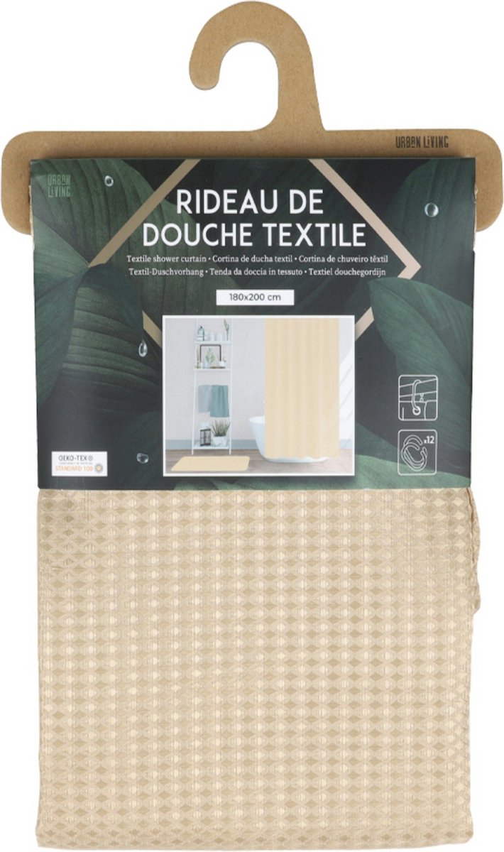 Urban Living Douchegordijn met ringen - beige - polyester - 180 x 200 cm - Voor bad en douche