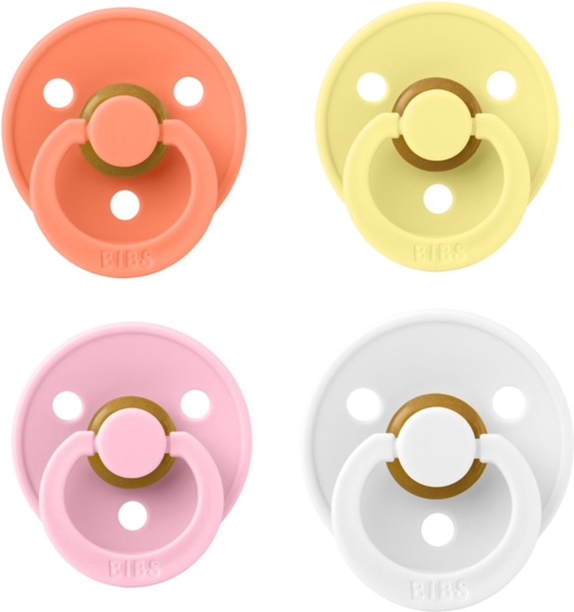 Goedkoopste Bibs fopspeen 0-6 maand Set 4 stuks Baby Pink,White,Sun Shine en Papaya maat 1