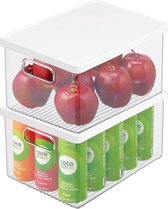 Set van 2 koelkastdozen – koelkast vorraaddoos met handgrepen en afneembare deksel – voedselveilige opbergdoos van kunststof voor keuken en eetkamer – doorzichtig/wit