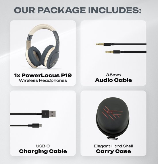 Grijze PowerLocus P19 draadloze koptelefoon met beige hoofdband. Inclusief audiokabel, USB-C kabel en draagtas.