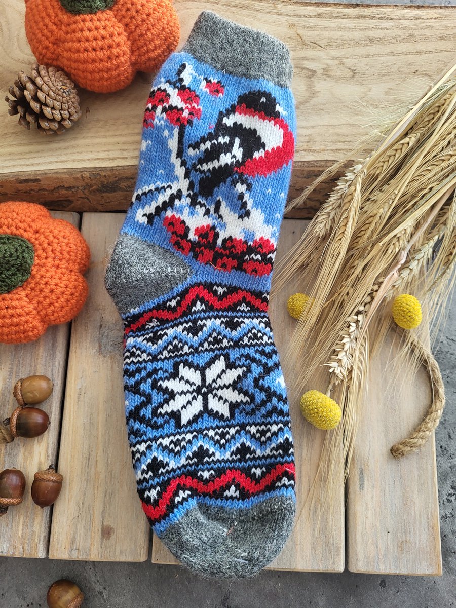 Warme 100% wol sokken Goudvink op Blauw
