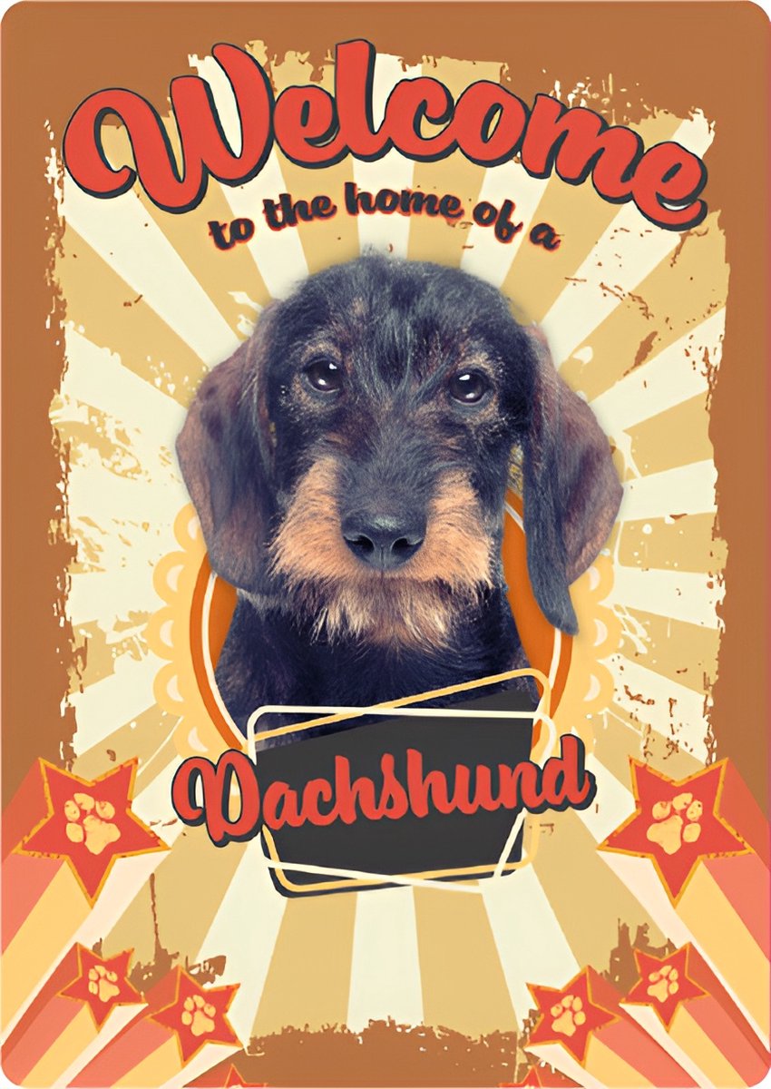 Plenty Gifts - Geïllustreerd Blikken Bord | 'Welcome to the Home of a Dachshund' | 21x14.8 cm | Wanddecoratie voor binnen en buiten