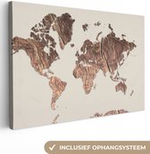 Canvas Wereldkaart - 120x80 - Wanddecoratie Wereldkaart - Houten Plank - Bruin