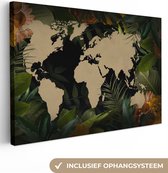 Carte du monde couleur sable sur fond noir à décor de feuilles et fleurs 90x60 cm