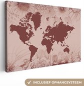 Canvas Wereldkaart - 90x60 - Wanddecoratie Wereldkaart - Bloemen - Rood