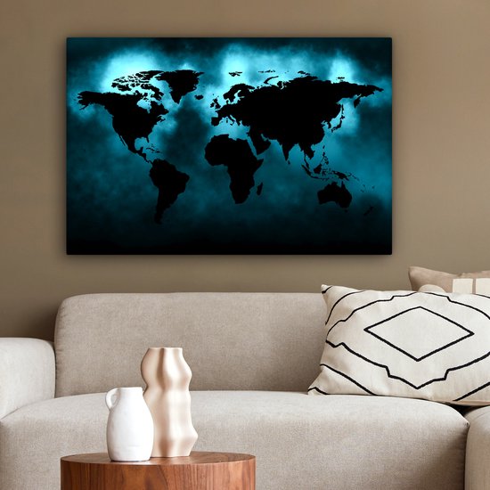 Peintures Toile Wereldkaart - Zwart - Blauw - 150x100 cm - Décoration murale