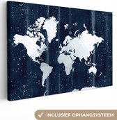 Canvas Wereldkaart - 60x40 - Wanddecoratie Wereldkaart - Wit - Blauw