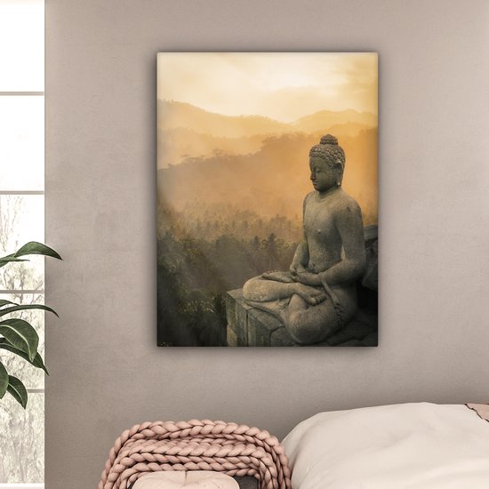 Statue de Bouddha au coucher du soleil 90x120 cm - Tirage photo sur toile (Décoration murale salon / chambre)