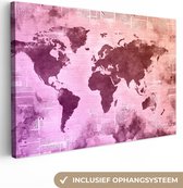 Canvas Wereldkaart - 60x40 - Wanddecoratie Wereldkaart - Paars - Krant