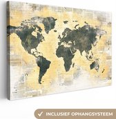 Canvas Wereldkaart - 90x60 - Wanddecoratie Wereldkaart - Krant - Goud