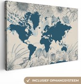 Canvas Wereldkaart - 30x20 - Wanddecoratie Wereldkaart - Blauw - Bloemen