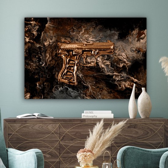 Canvas schilderij - Pistool goud 140x90 - Kamer decoratie accessoires abstract - Gouden schilderijen woonkamer - Luxe wanddecoratie slaapkamer - Muurdecoratie keuken - Wanddoek... - Afbeelding 9