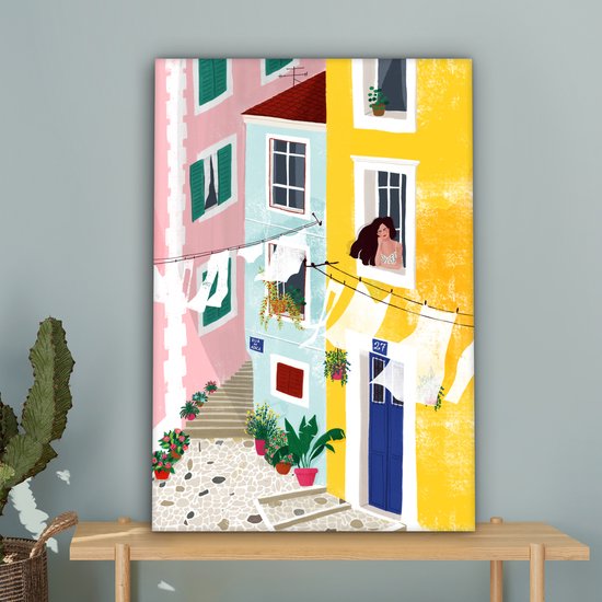 Tableau toile Rue - Wax - Jaune - Femme - 60x90 cm - Décoration murale