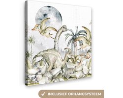 Canvas schilderij kinderen - Wanddecoratie kinderkamers - Jungle - Bladeren - Bomen - Maan - Steen - Canvas schilderij dino - Kinder decoratie - 50x50 cm