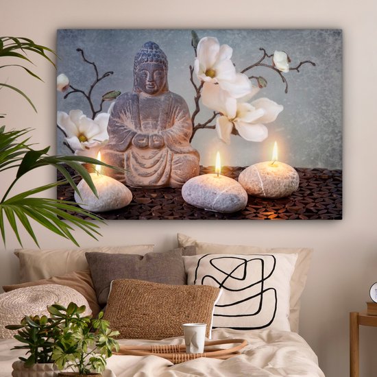 Peintures sur toile Bouddha - Bougies - Grijs - 120x80 cm - Décoration murale