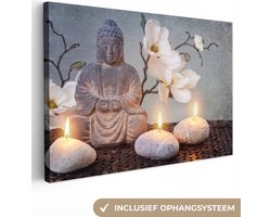 Canvas schilderij - Boeddha beeld 120x80 - Kamer decoratie accessoires kaarsen en bloemen - Buddha schilderijen woonkamer - Wanddecoratie slaapkamer - Muurdecoratie keuken - Wanddoek interieur binnen - Woondecoratie huis - Woonaccessoires