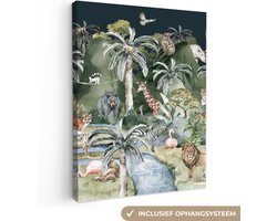 Canvas kinderen - Muurdecoratie kinderkamer - Jungle - Dieren - Rivier - Bomen - Bergen - Canvas schilderij - Kinder decoratie - 60x80 cm