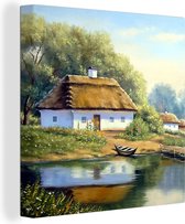 Canvas - Schilderij - Huis - Water - Boot - Kunst - Olieverf - Canvas doek - Schilderijen op canvas - 90x90 cm - Foto op canvas - Wanddecoratie - Woonkamer