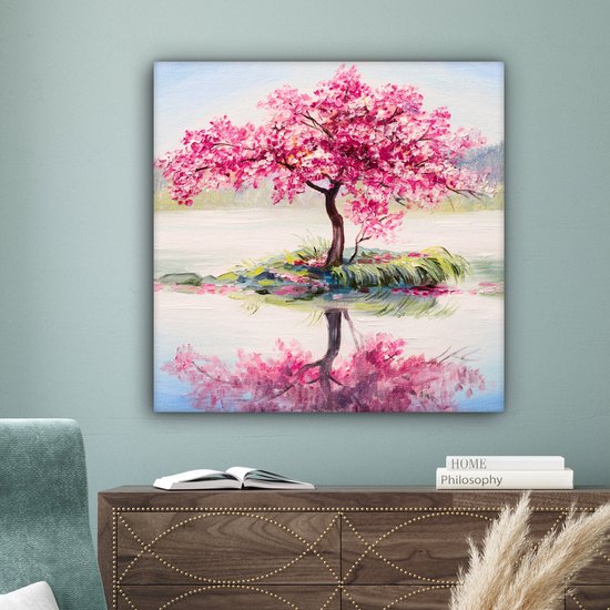 Toile - Arbre fleuri - Sakura - Peinture à l'huile - Water - Nature - 90x90 cm - Peintures sur toile - Toile canvas - Décoration murale