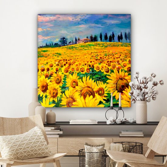 Peinture sur toile - Tournesol - Fleurs - Peinture à l'huile - Nature - Peintures sur toile - 90x90 cm - Toile nature - Décoration murale