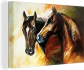 Canvas - Olieverf - Paarden - Dieren - Geel - 90x60 cm - Woondecoratie - Schilderijen op canvas