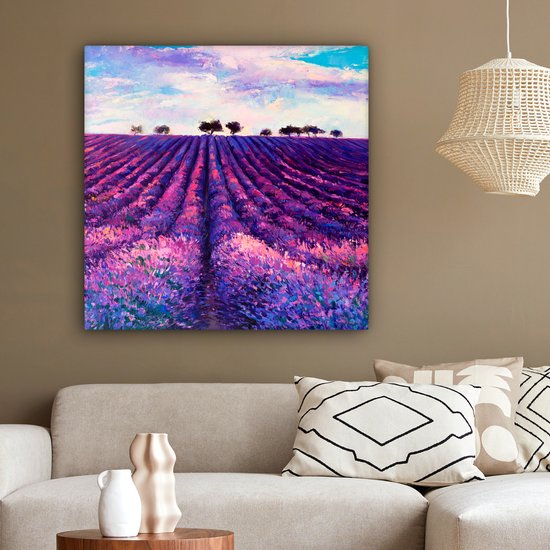 Toile - Huile - Fleurs - Lavande - Peinture - Violet - 90x90 cm - Décoration murale - Intérieur