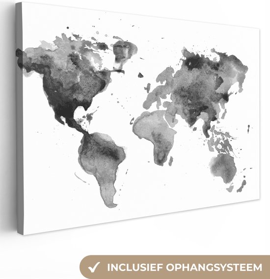 Canvas Wereldkaart - 60x40 - Wanddecoratie Wereldkaart - Waterverf - Zwart - Wit - Kinderen - Jongens - Meisjes