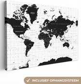 Canvas Wereldkaart - 60x40 - Wanddecoratie Wereldkaart - Zwart - Wit - Atlas - Aarde - Educatief