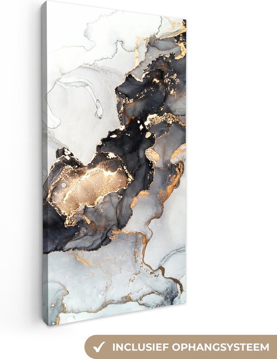 Canvas zwart wit - Marmer - Goud - Abstract - Zwart Wit - Luxe - Canvas print - Foto op canvas - Wanddecoratie - 40x80 cm