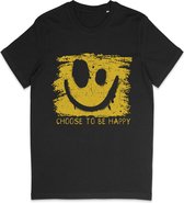 T Shirt Heren en Dames (Unisex) Be Happy Smiley Gele Grunge Print Opdruk - Zwart - Maat 3XL