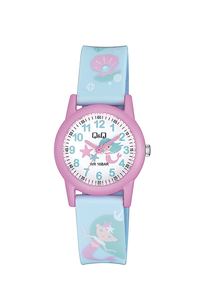 QQ VR99J012Y - Horloge - Sport - Analoog - Kinderen - Unisex - Plastic band - Rond - Kunststof - Cijfers - Zee - LichtBlauw - Roze - LichtGroen- Wit - 10 ATM